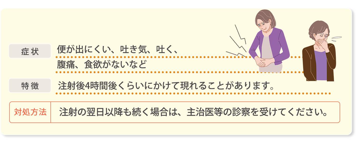 症状　脱力感、めまい、立ちくらみ、胸がどきどきする、気分が悪くなる、吐き気、顔が白くなる、冷汗が出る、脈が速くなる、気を失うなど　特徴　注射直後から数時間後にかけて現れることがありますが、注射開始直後数ヵ月以上後に初めて起こることもあります。　症状がおさまるまで座るか横になってください。　対処方法　症状が続く場合は、主治医等にご相談ください。