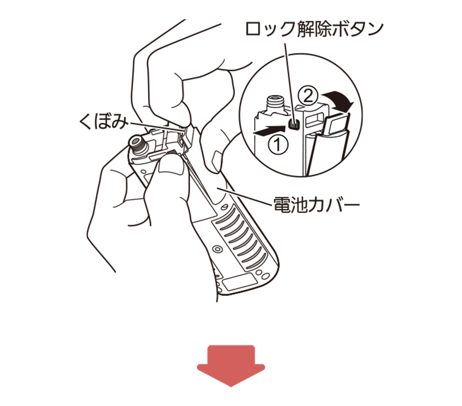電池カバーのくぼみに指をかけて電池カバーを外すイラスト