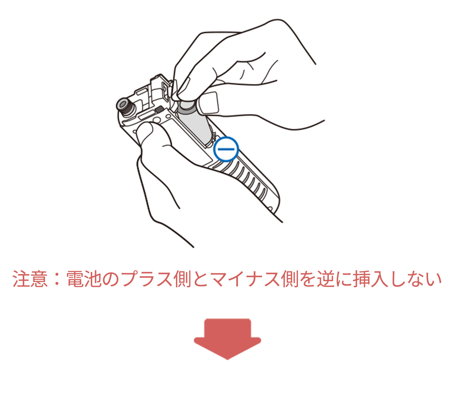 同梱されている新品の予備電池をマイナス側から挿入するイラスト