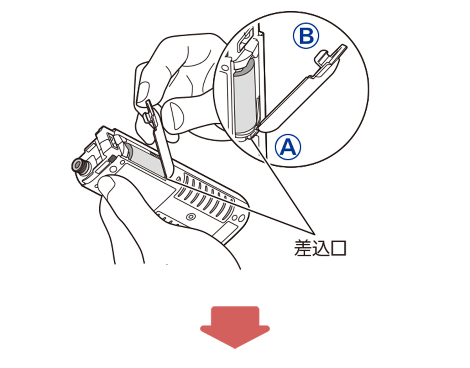 電池カバーを本体の差込口に差し込むイラスト